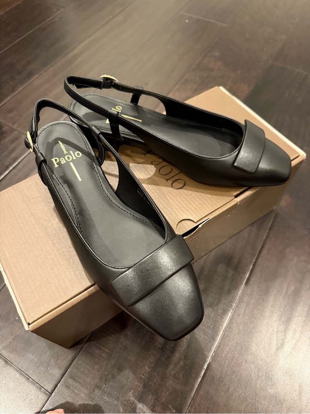 Línea Paolo Black Slingback Square-Toe Flats with Strap